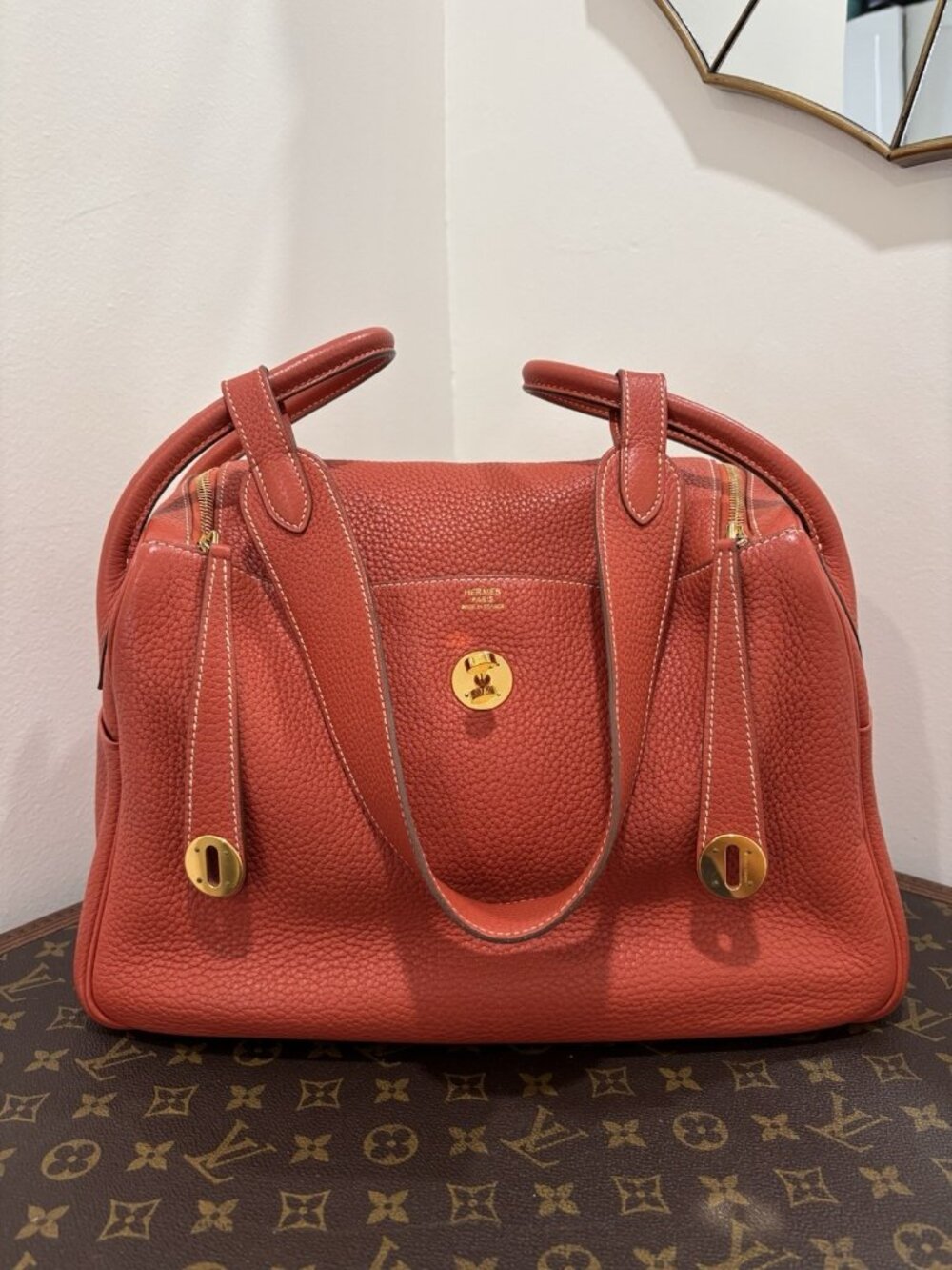 Authentic Hermes Lindy 34 brique brick Clemence Leather Shoulder Bag